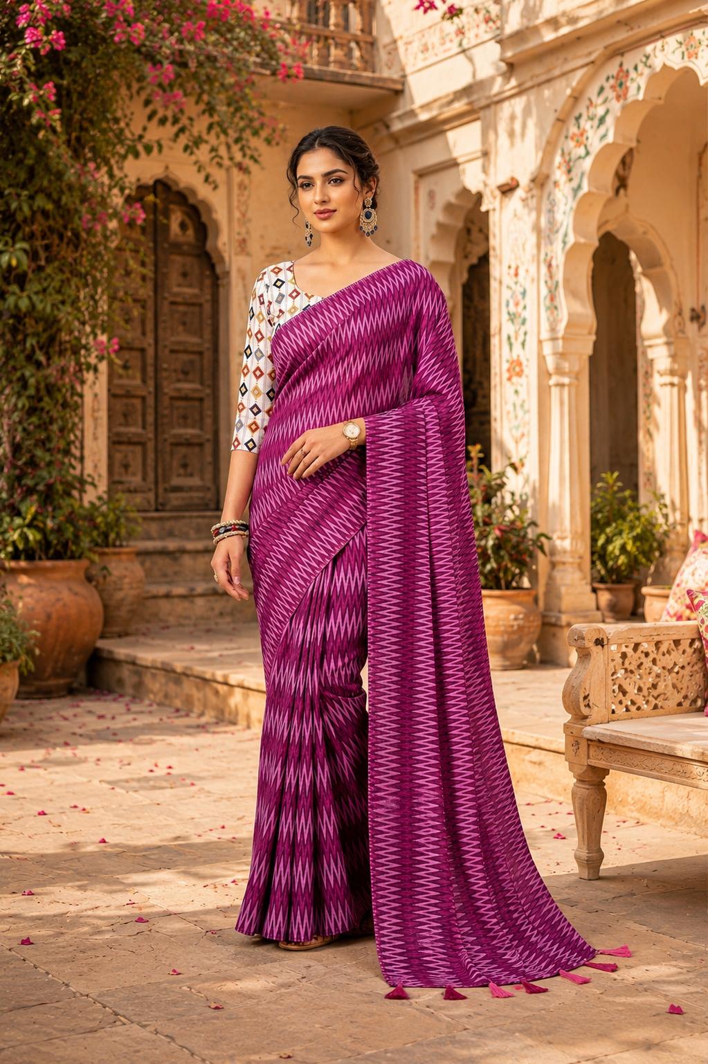 Crepe Silk Printed Sarees With Unstitched Blouse(purple) image 3