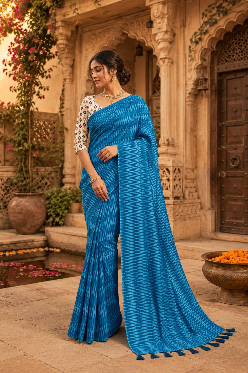 Crepe Silk Printed Sarees With Unstitched Blouse(blue) image 3