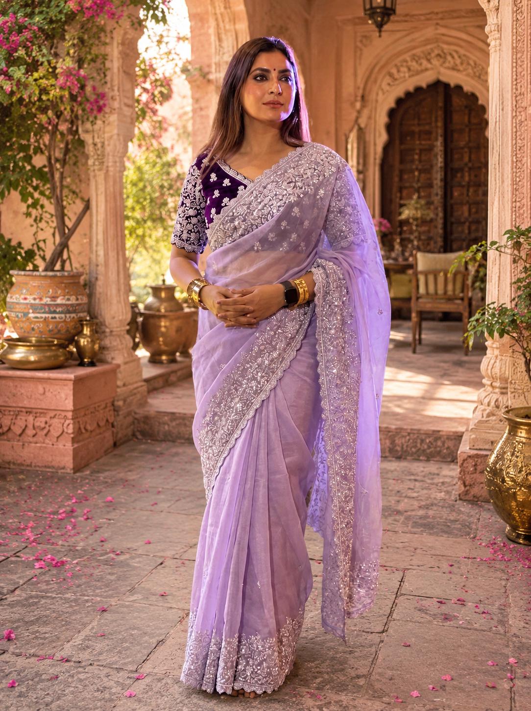 Soft Organza Embroidered Work Saree With Unstitched Blouse(violet) image 3