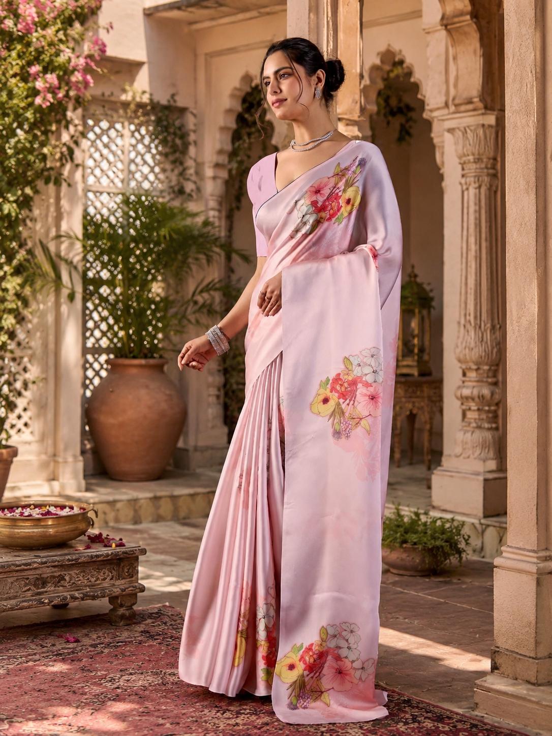 Satin Georgette Floral Printed Saree With Unstitched Blouse(violet) image 3