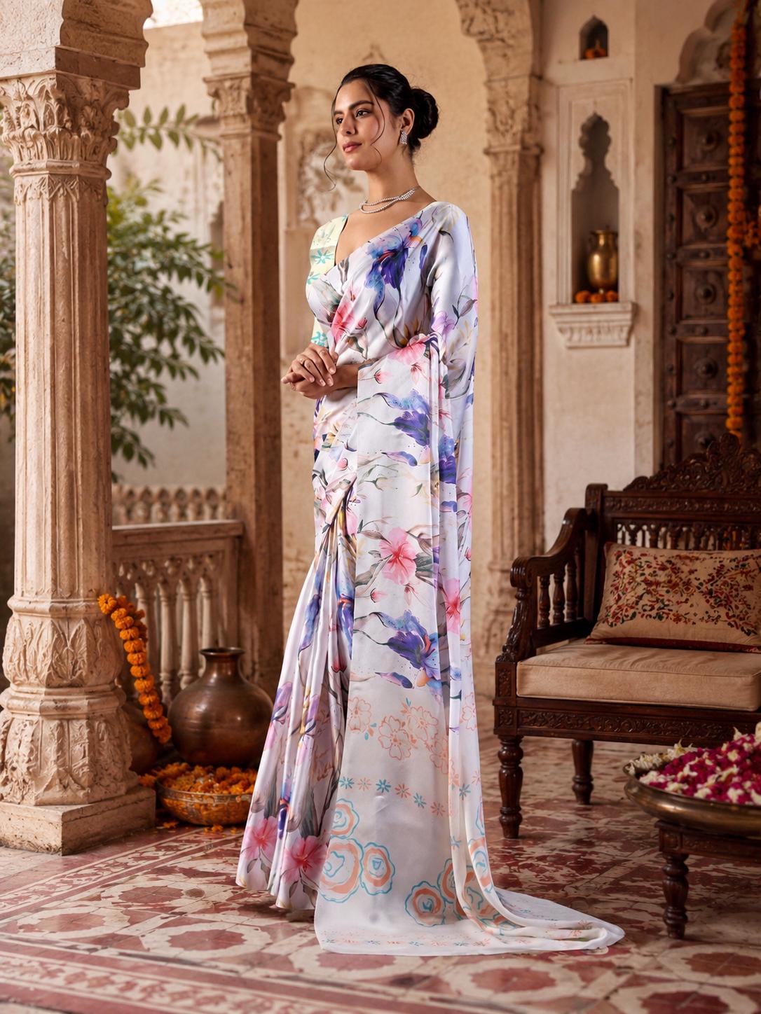 Satin Silk Digital Printed Saree With Unstitched Blouse(white) image 3