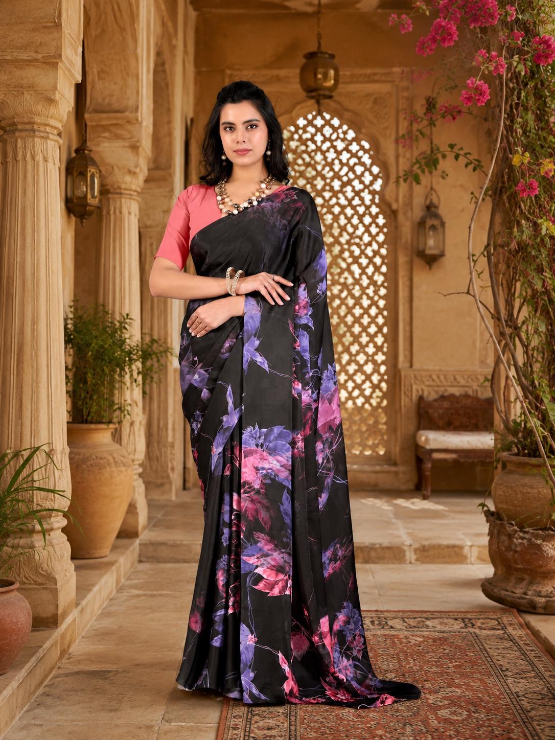 Satin Silk Printed Saree With Unstitched Blouse(black) image 3