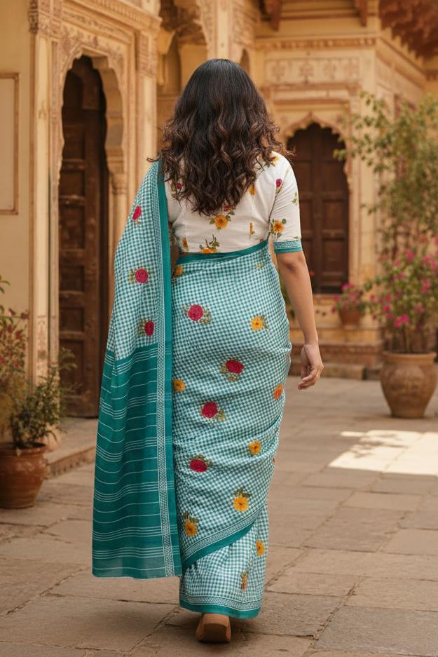 Soft Pure Mulmul Cotton Printed Saree With Unstitched Blouse(sky Blue) image 3