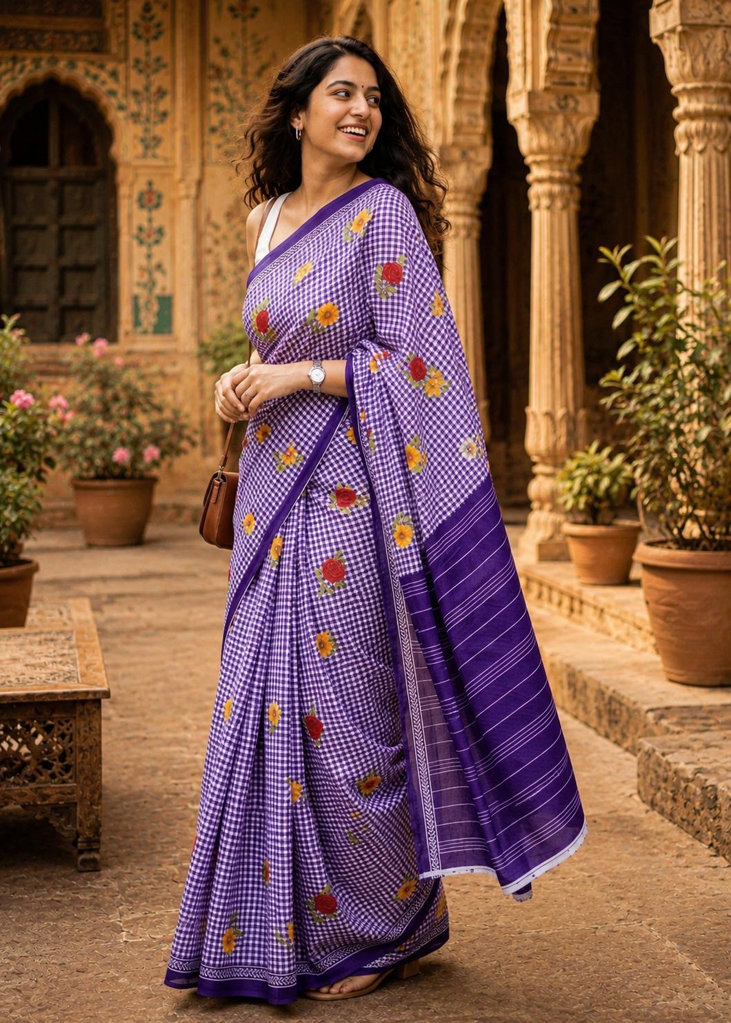 Soft Pure Mulmul Cotton Printed Saree With Unstitched Blouse(purple) image 3