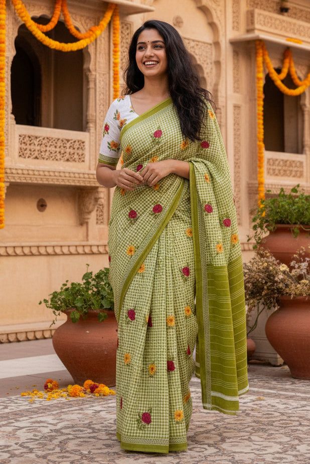 Soft Pure Mulmul Cotton Printed Saree With Unstitched Blouse(green) image 3