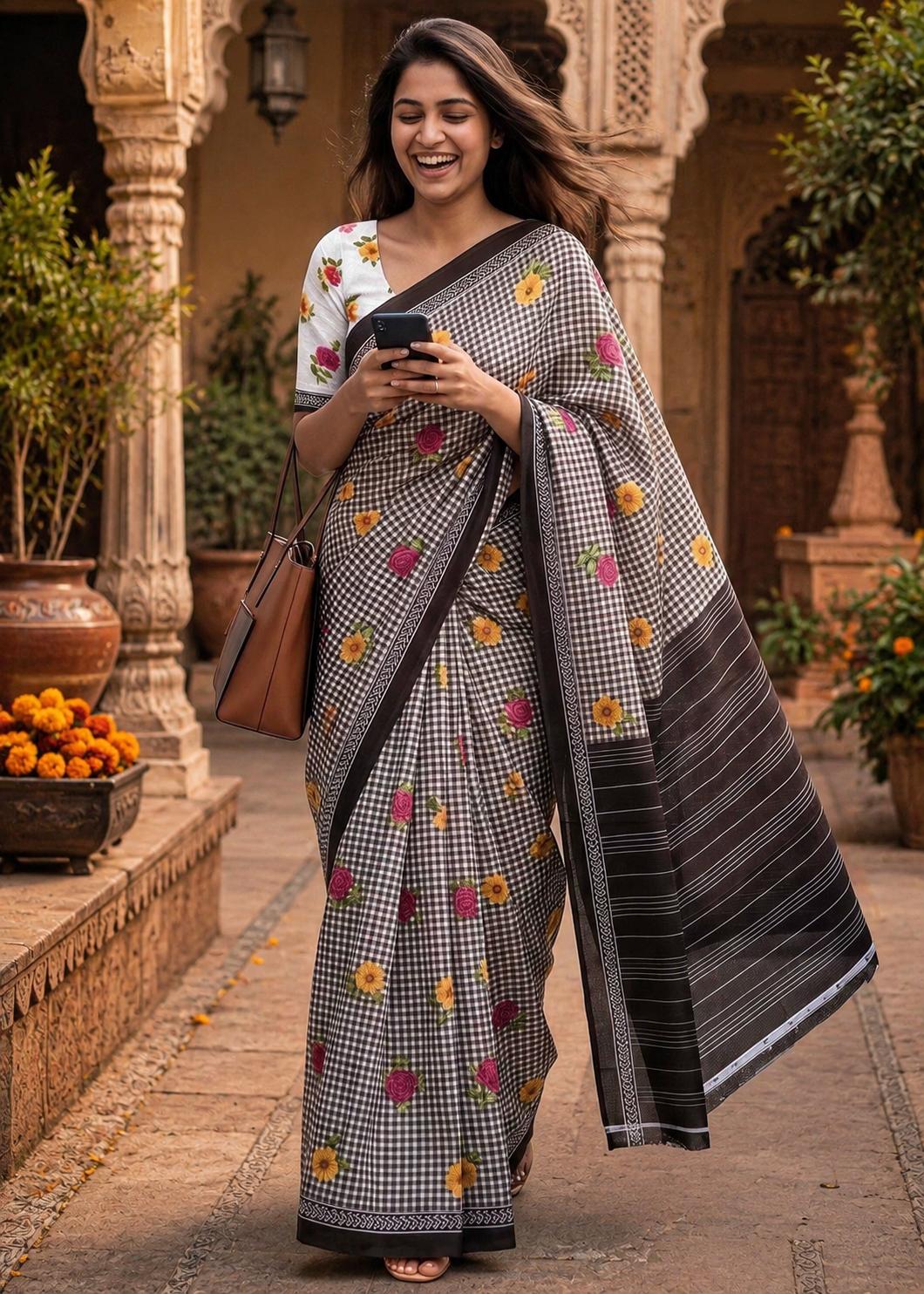 Soft Pure Mulmul Cotton Printed Saree With Unstitched Blouse(black) image 3