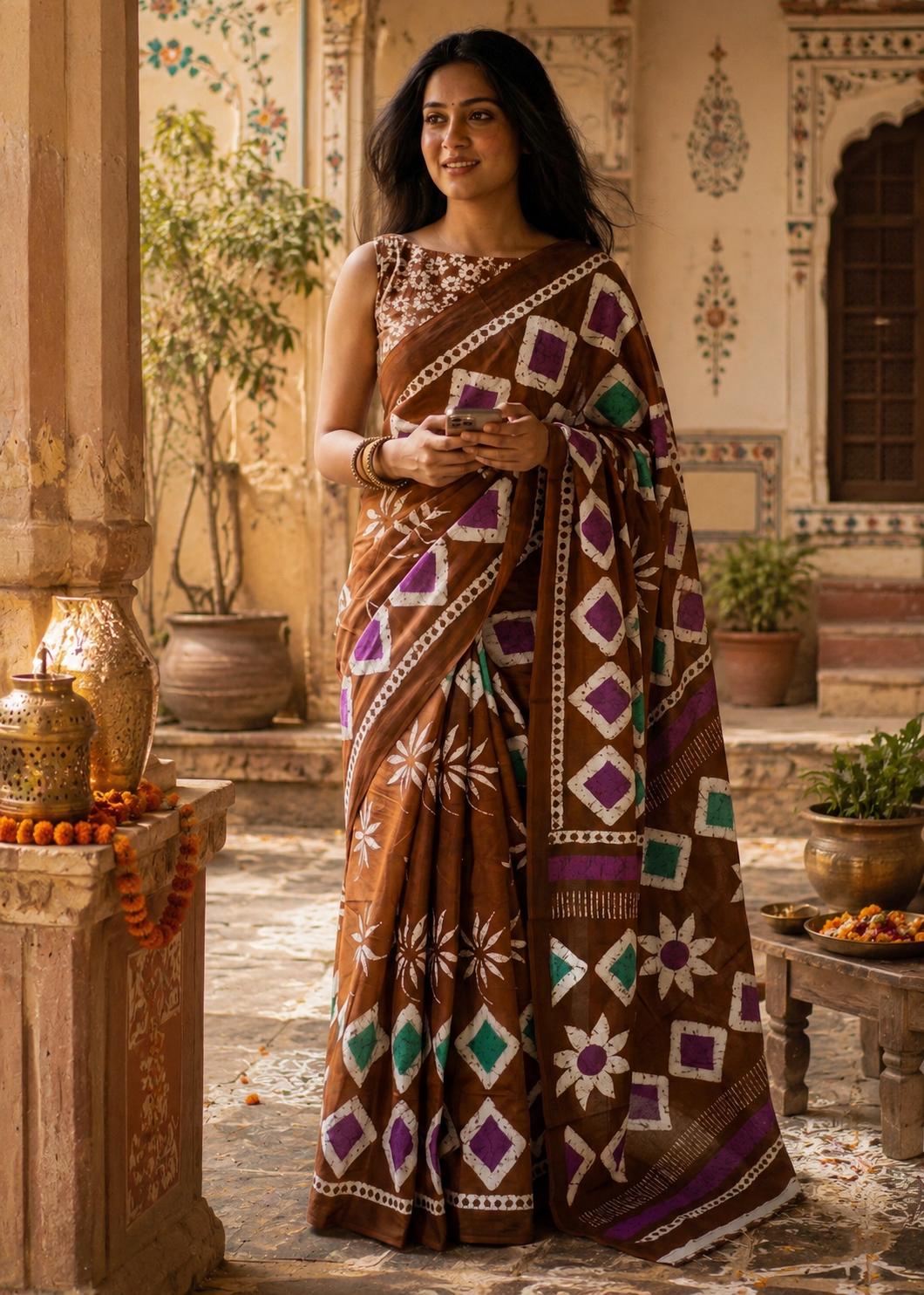 Soft Mulmul Cotton Batik Block Printed Saree With Unstitched Blouse(brown) image 3