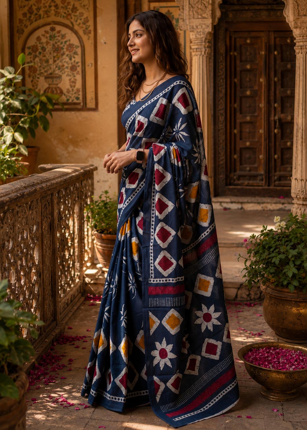 Soft Mulmul Cotton Batik Block-printed Saree With Unstitched Blouse(blue) image 3