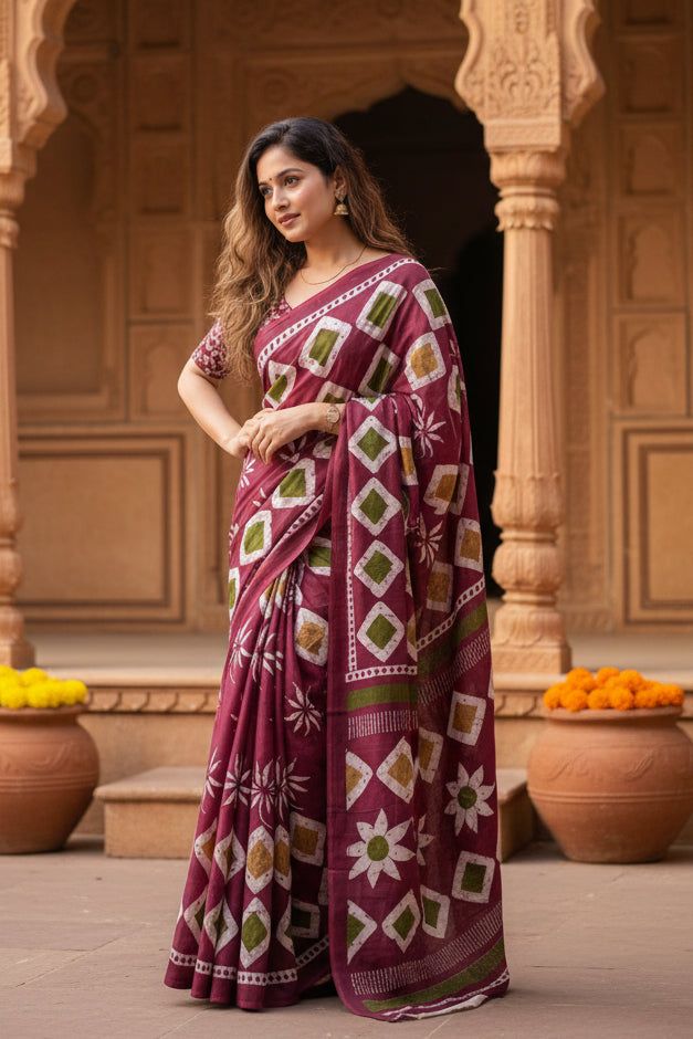Soft Mulmul Cotton Batik Block-printed Saree With Unstitched Blouse(wine) image 3