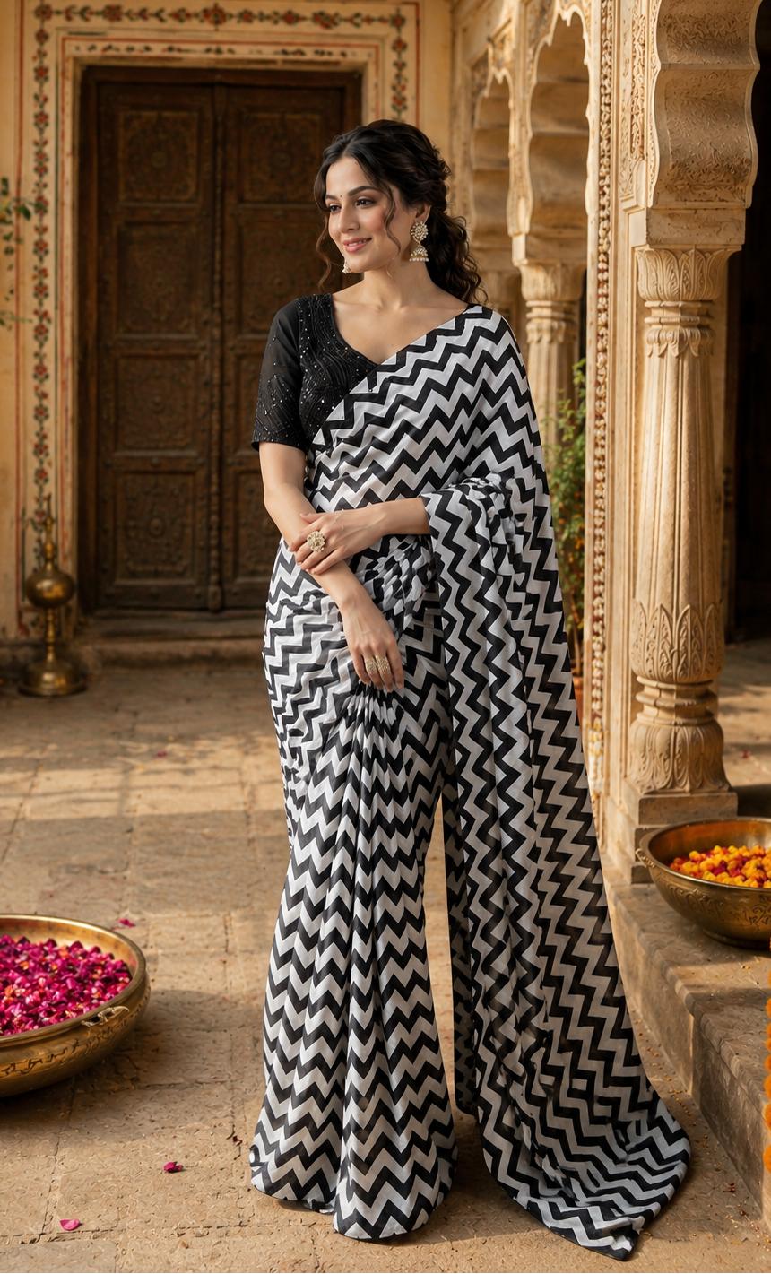 Georgette Marshmallow Printed Saree With Unstitched Blouse(white) image 3