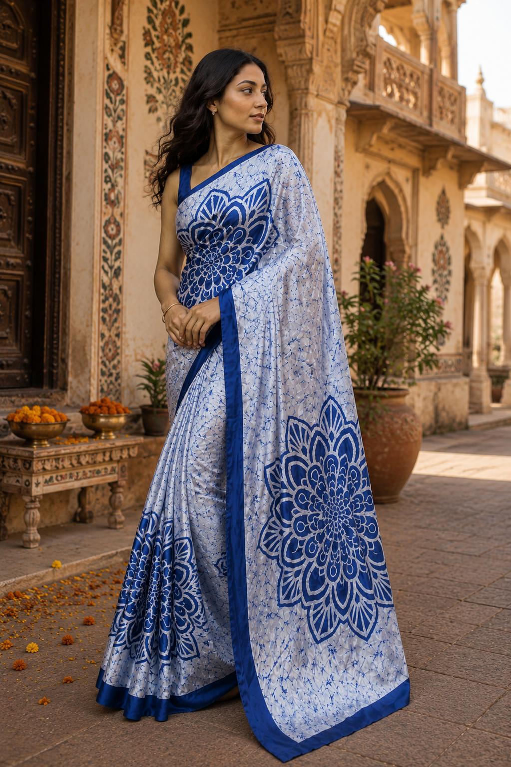 Satin Silk Printed Saree With Unstitched Blouse(grey) image 3