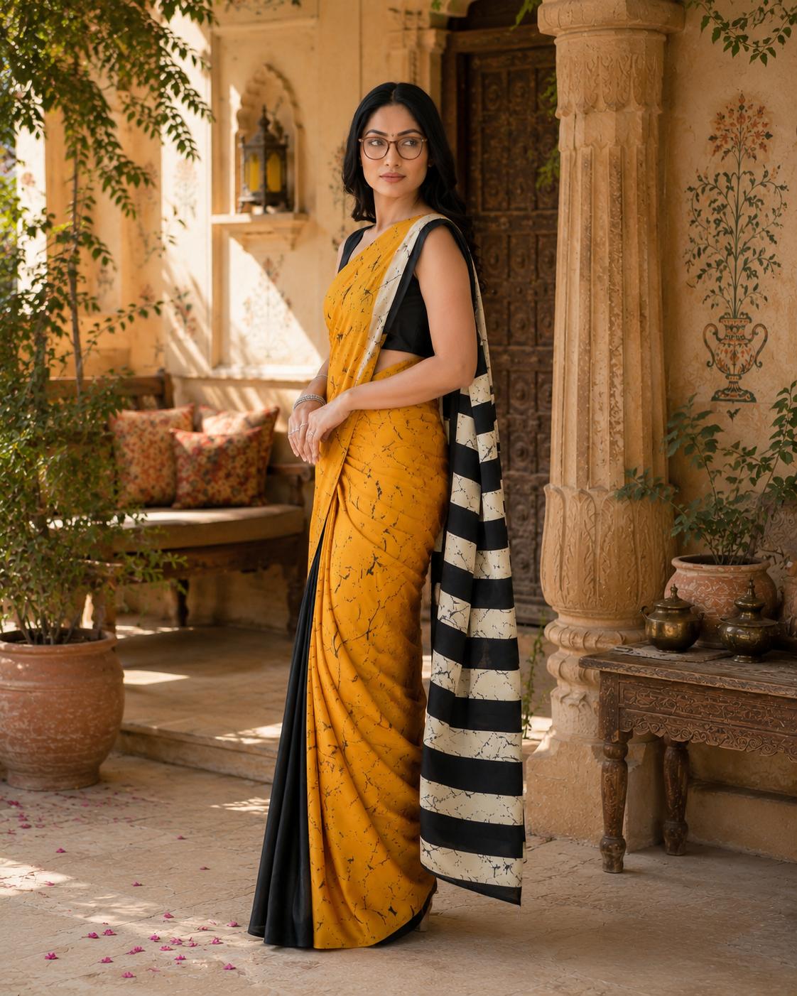 Satin Silk Printed Saree With Unstitched Blouse(yellow) image 3