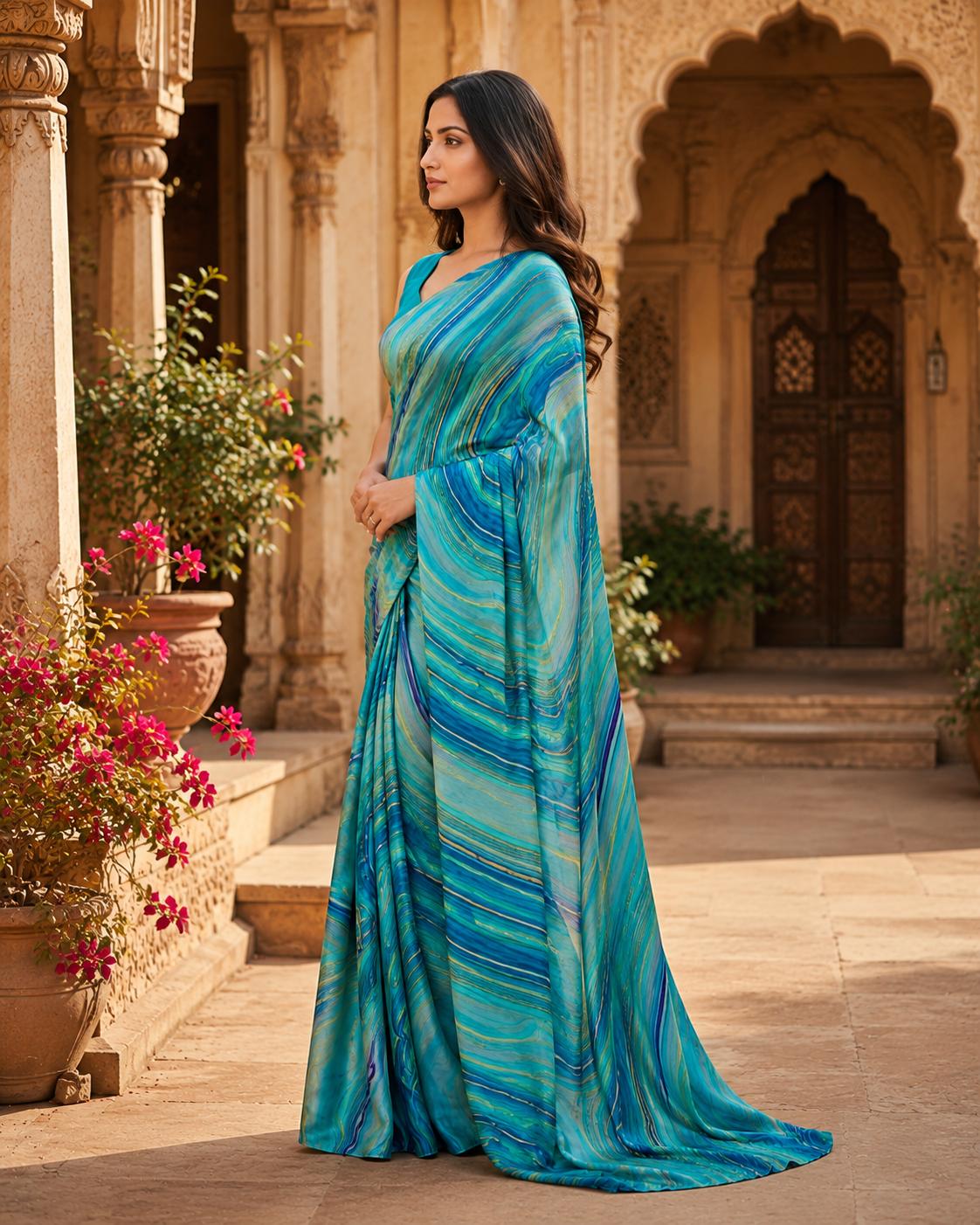 Satin Silk Printed Saree With Unstitched Blouse(blue) image 3