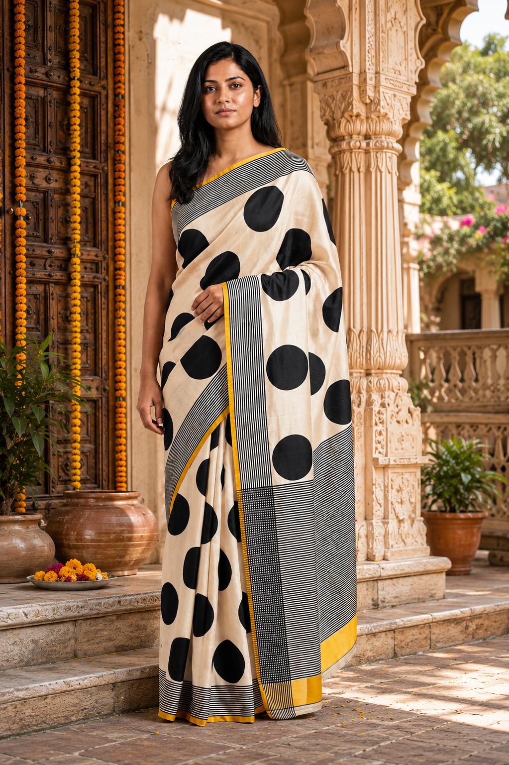 Satin Silk Printed Saree With Unstitched Blouse(cream) image 3