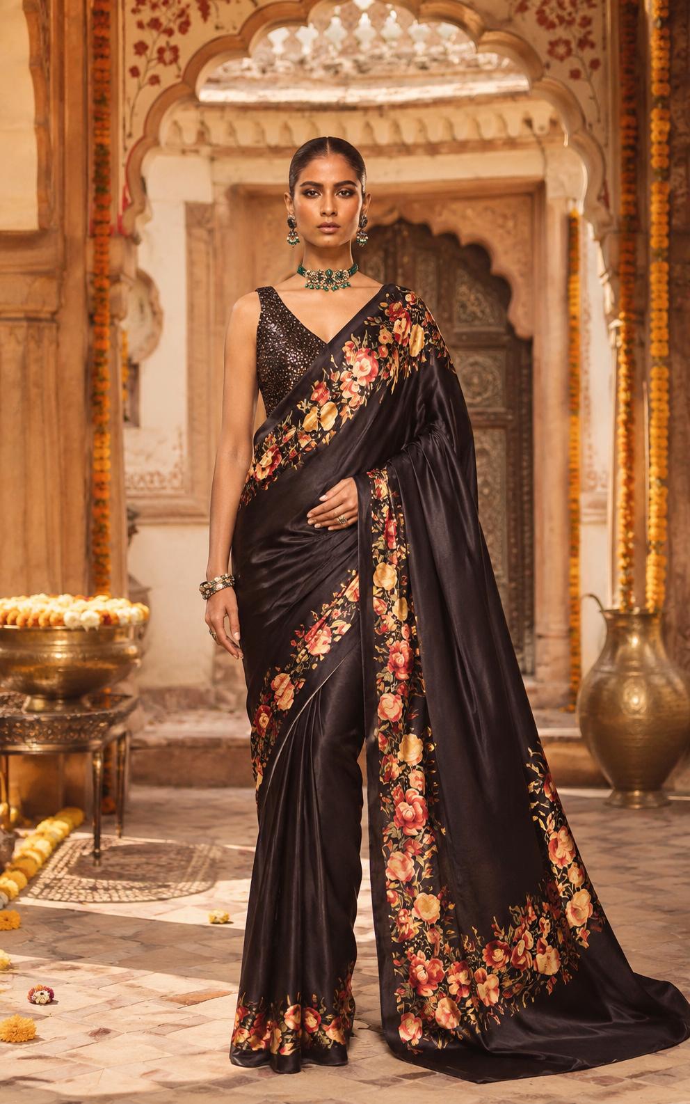 Satin Silk Floral Printed Saree With Unstitched Blouse( Black) image 3