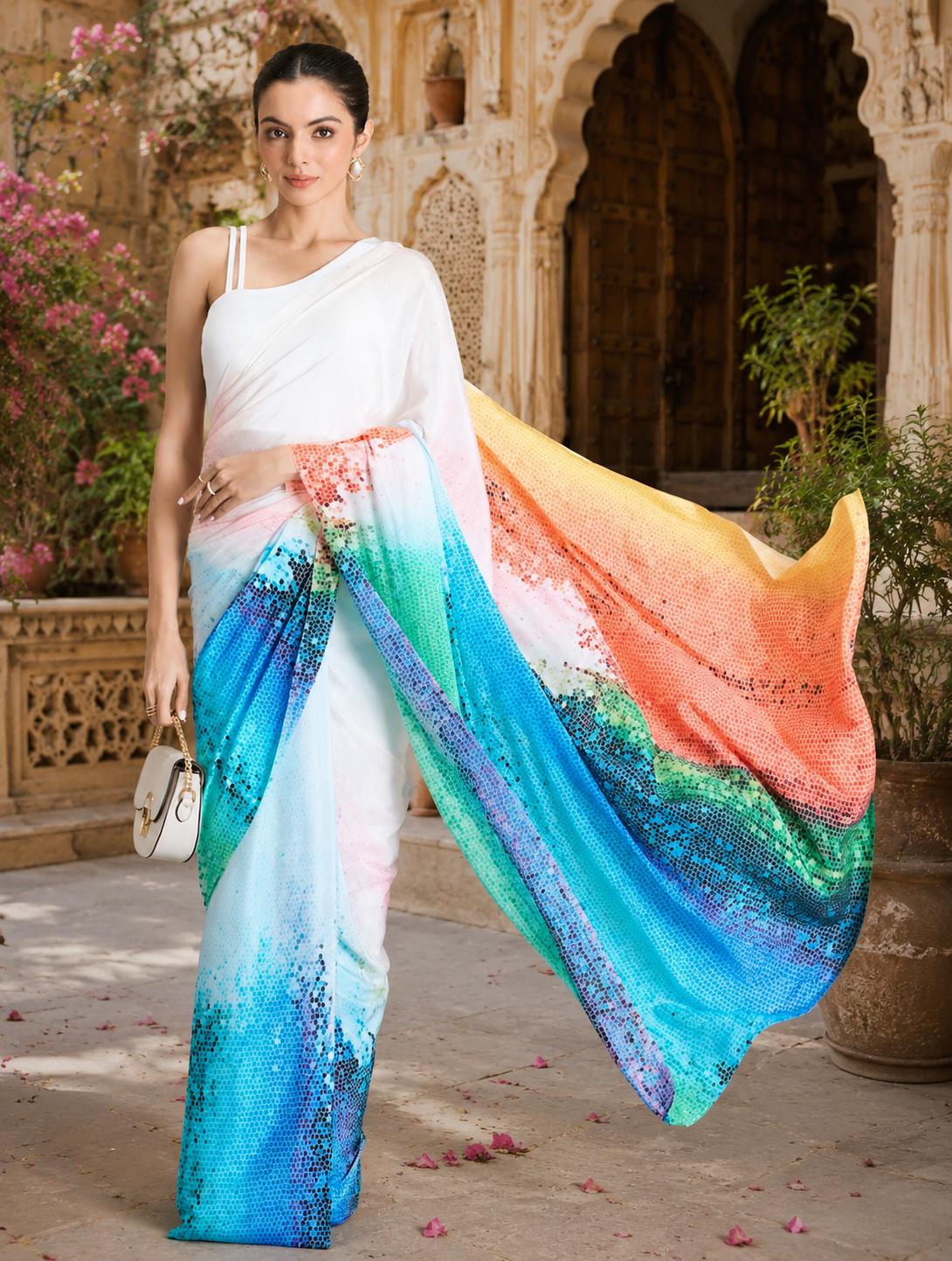 Original Japan Satin Printed Saree With Unstitched Blouse(white) image 3