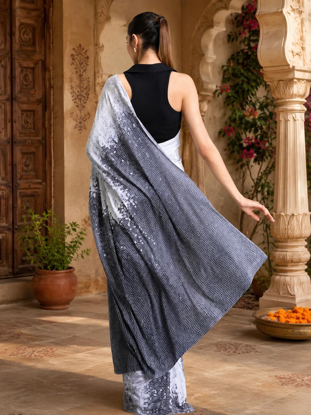 Original Japan Satin Printed Saree With Unstitched Blouse(grey) image 3