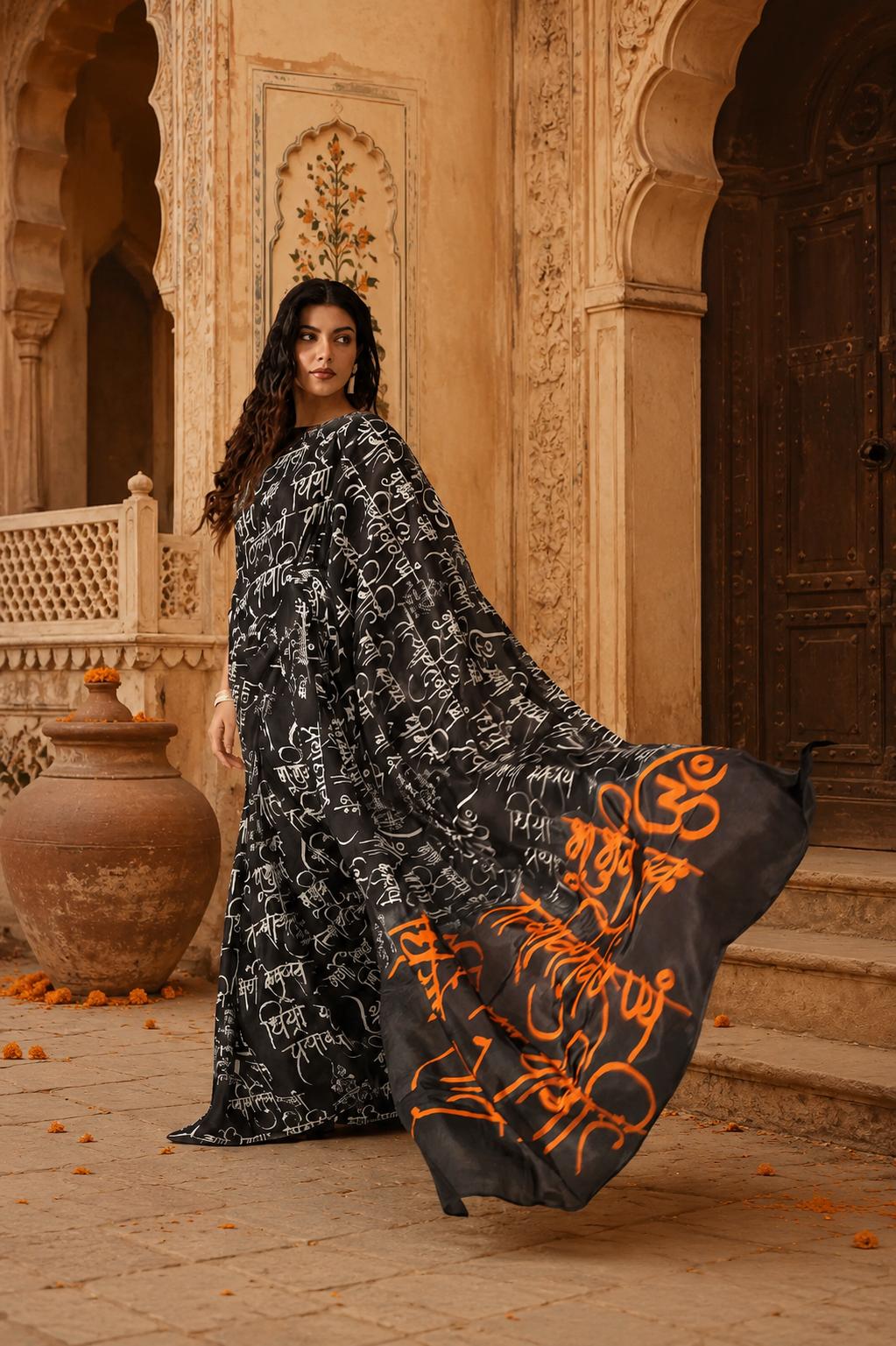 Original Japan Satin Printed Saree With Unstitched Blouse(black) image 3