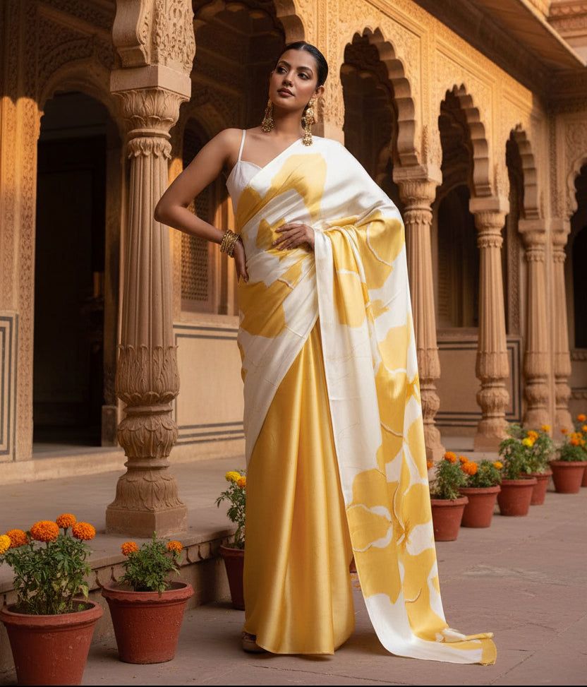 Japan Satin Printed Saree With Unstitched Blouse(yellow) image 3