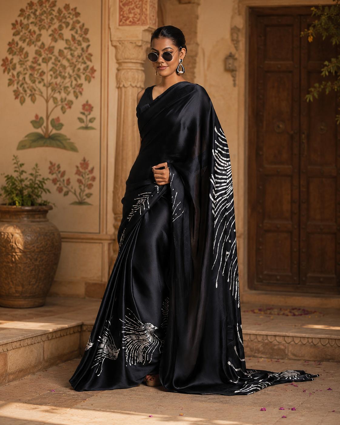 Japan Satin Printed Saree With Unstitched Blouse(black) image 3
