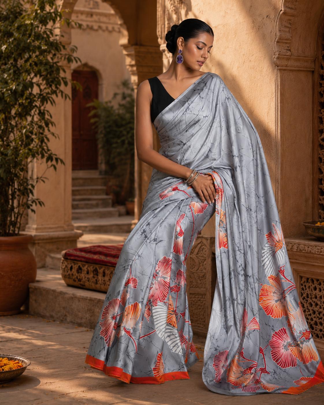 Japan Satin Printed Saree With Unstitched Blouse(grey) image 3