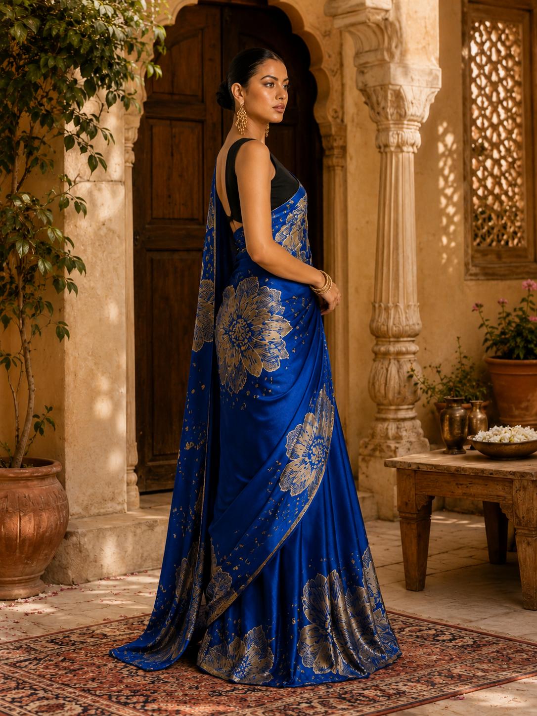 Japan Satin Printed Saree With Unstitched Blouse(blue) image 3