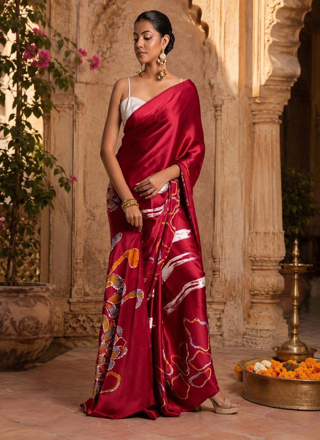 Japan Satin Printed Saree With Unstitched Blouse(red) image 3