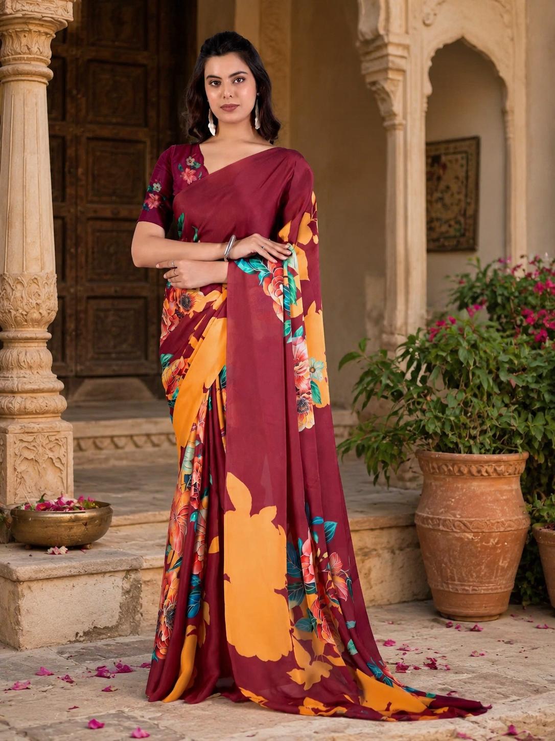 Georgette Satin Floral Printed Saree With Unstitched Blouse(red) image 3