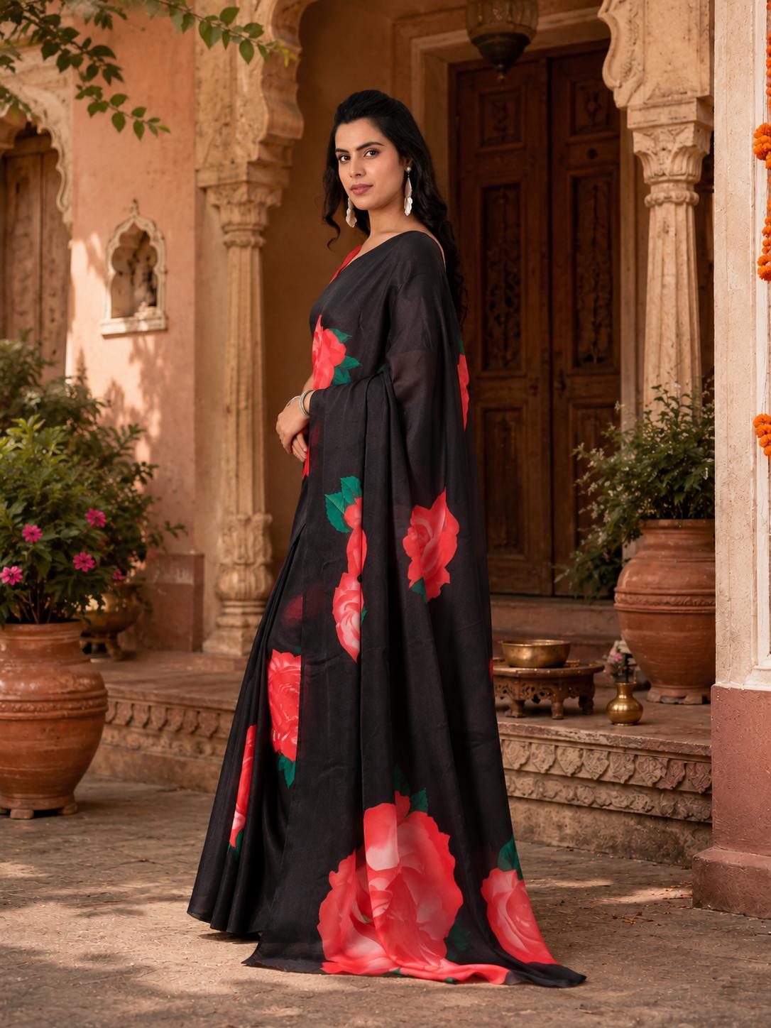 Georgette Satin Floral Printed Saree With Unstitched Blouse(black) image 3