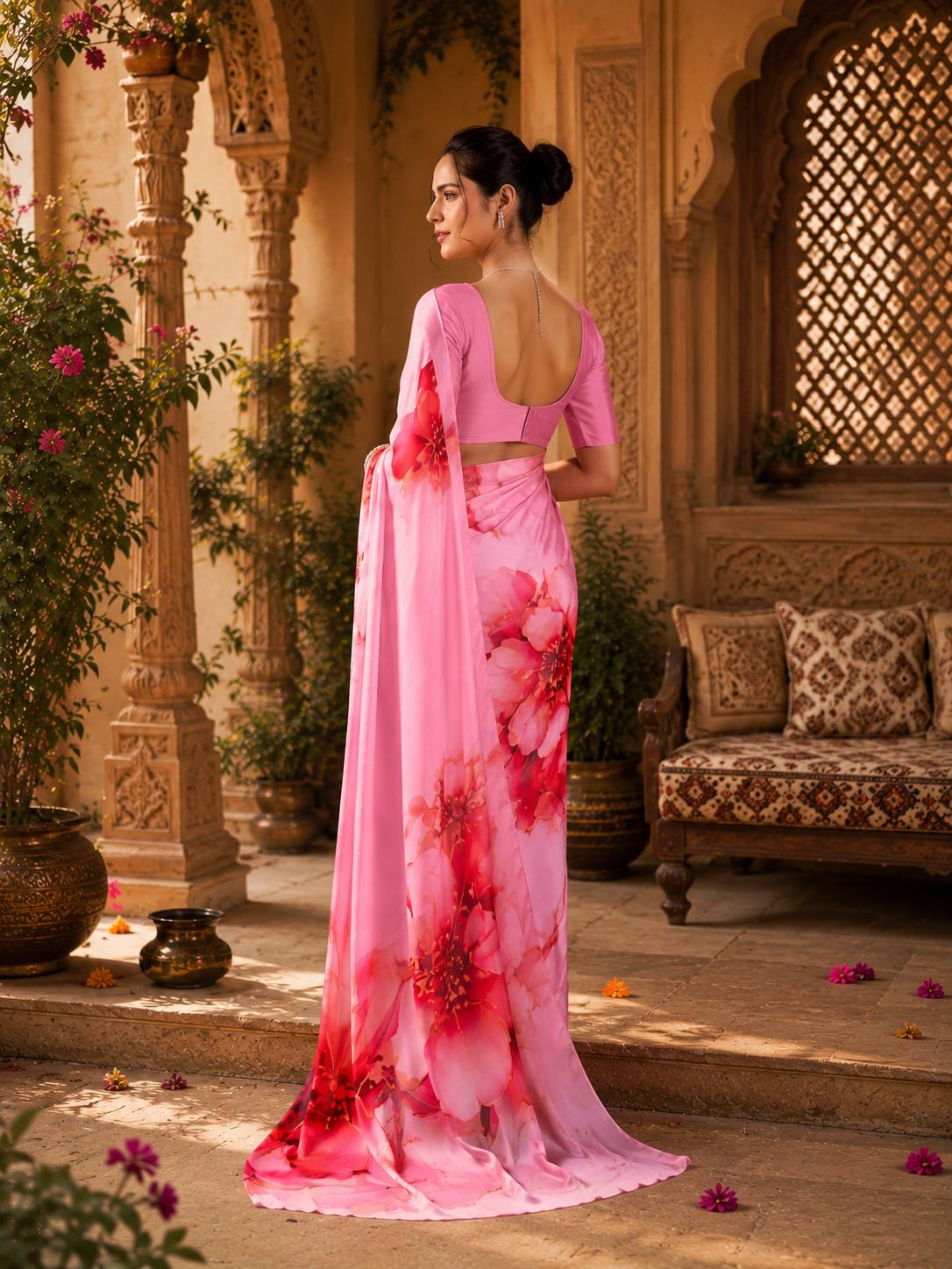 Georgette Satin Floral Printed Saree With Unstitched Blouse(pink) image 3