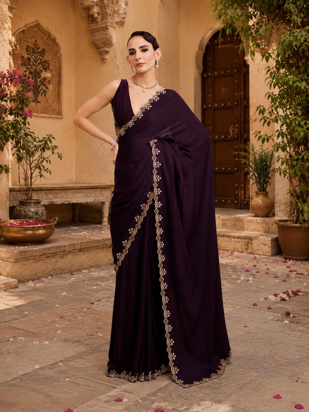 Soft Elegant Georgette Satin Saree With Unstitched Blouse(wine) image 3