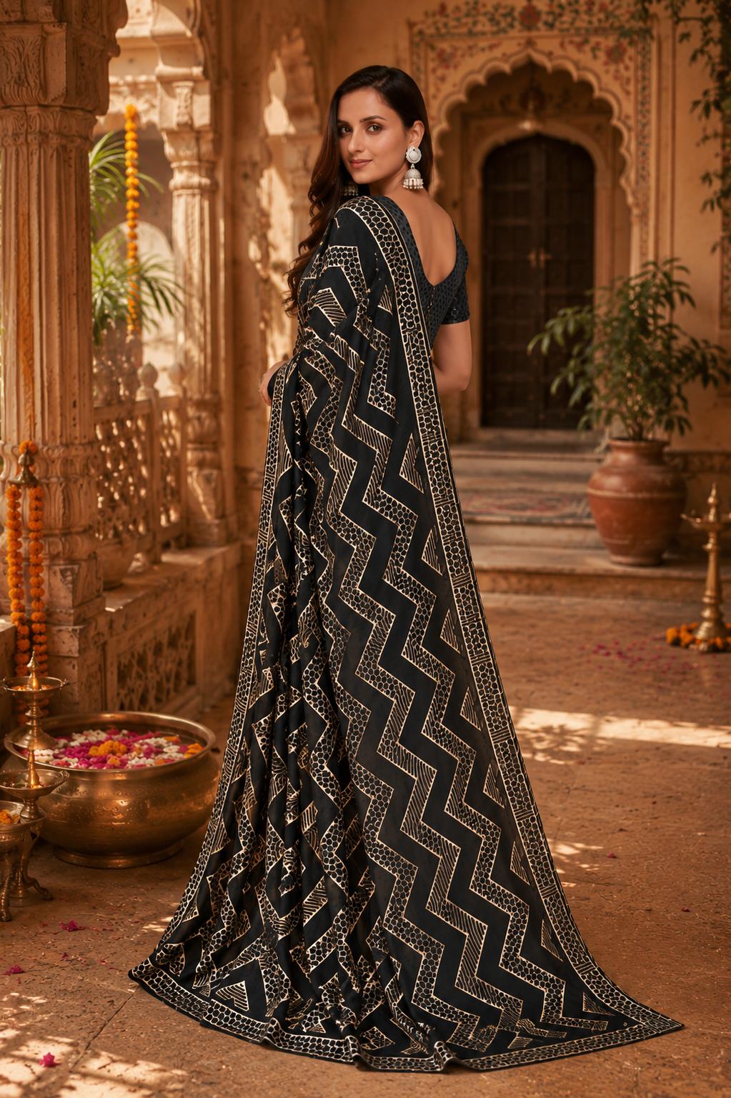 Premium Georgette Sequence Work Saree Within Unstitched Blouse(black) image 3