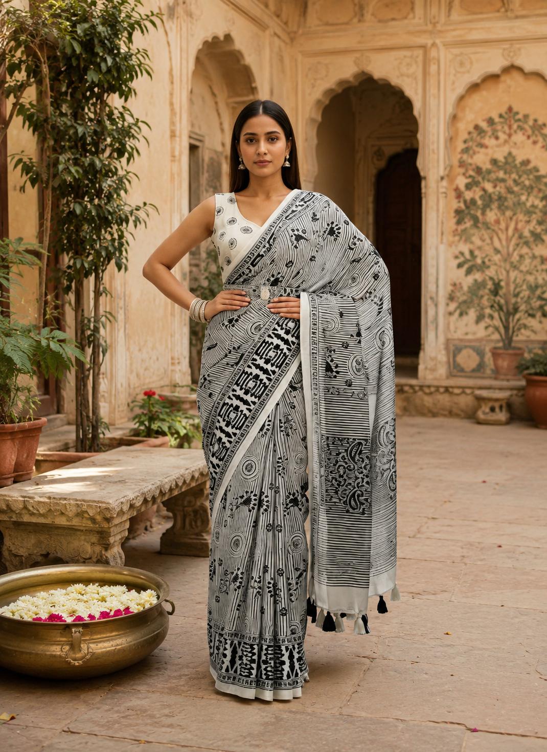 Mulberry Ikat Silk Printed Saree With Unstitched Blouse(grey) image 3