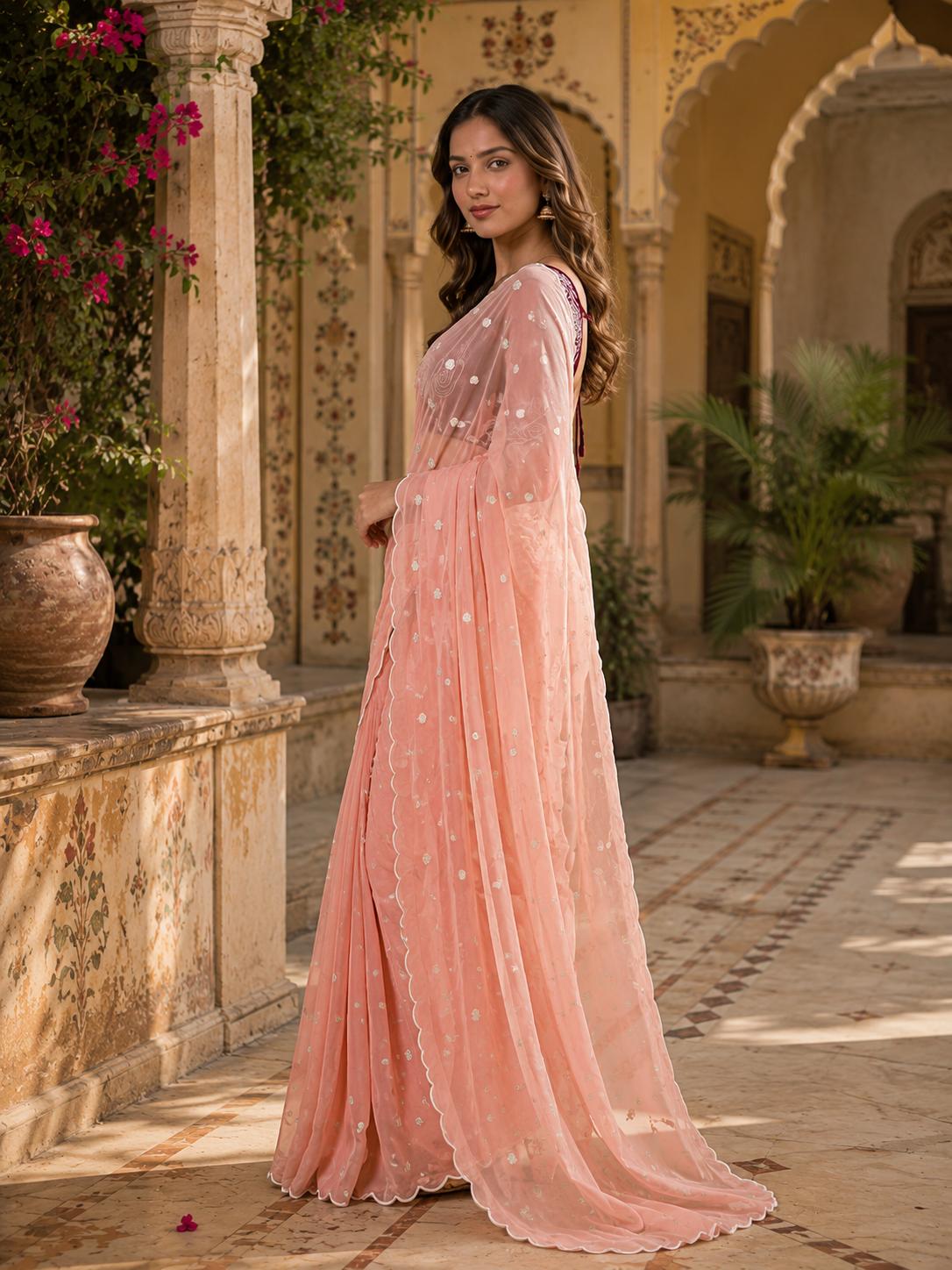 Georgette Embroidery Work Saree With Unstitched Blouse(pink) image 3