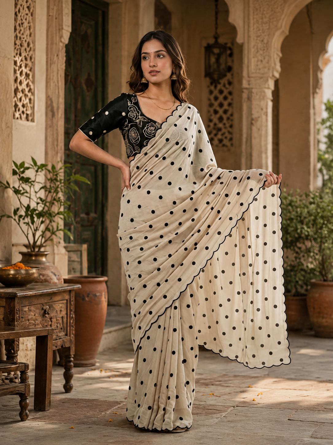 Georgette Embroidery Work Saree With Unstitched Blouse(beige) image 3