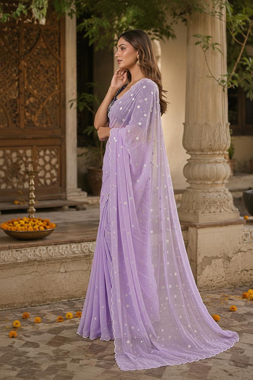 Georgette Embroidery Work Saree With Unstitched Blouse(violet) image 3
