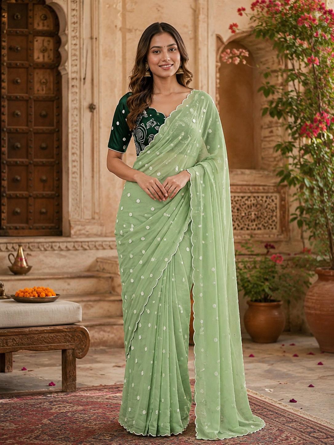 Georgette Embroidery Work Saree With Unstitched Blouse(green) image 3
