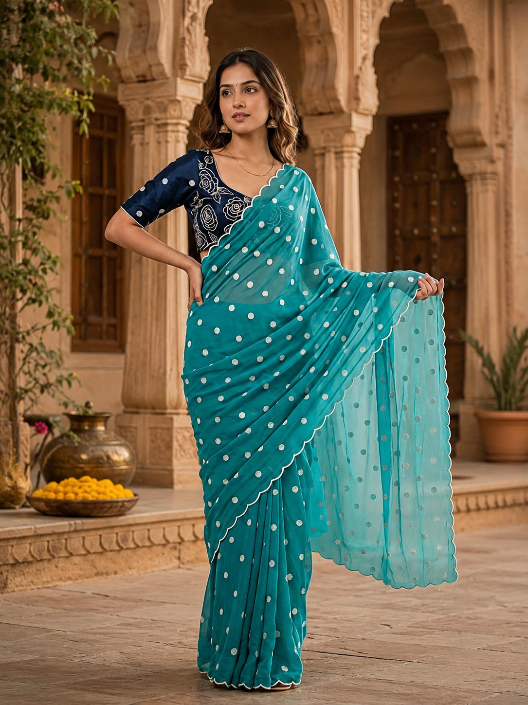 Georgette Embroidery Work Saree With Unstitched Blouse(blue) image 3