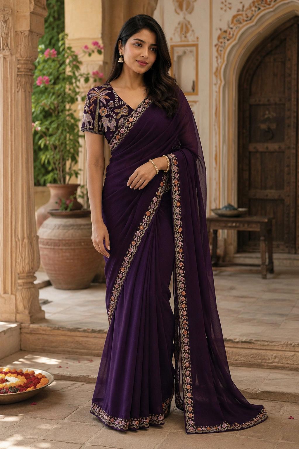 Sequins Embroidery Georgette Saree With Unstitched Blouse(wine) image 3
