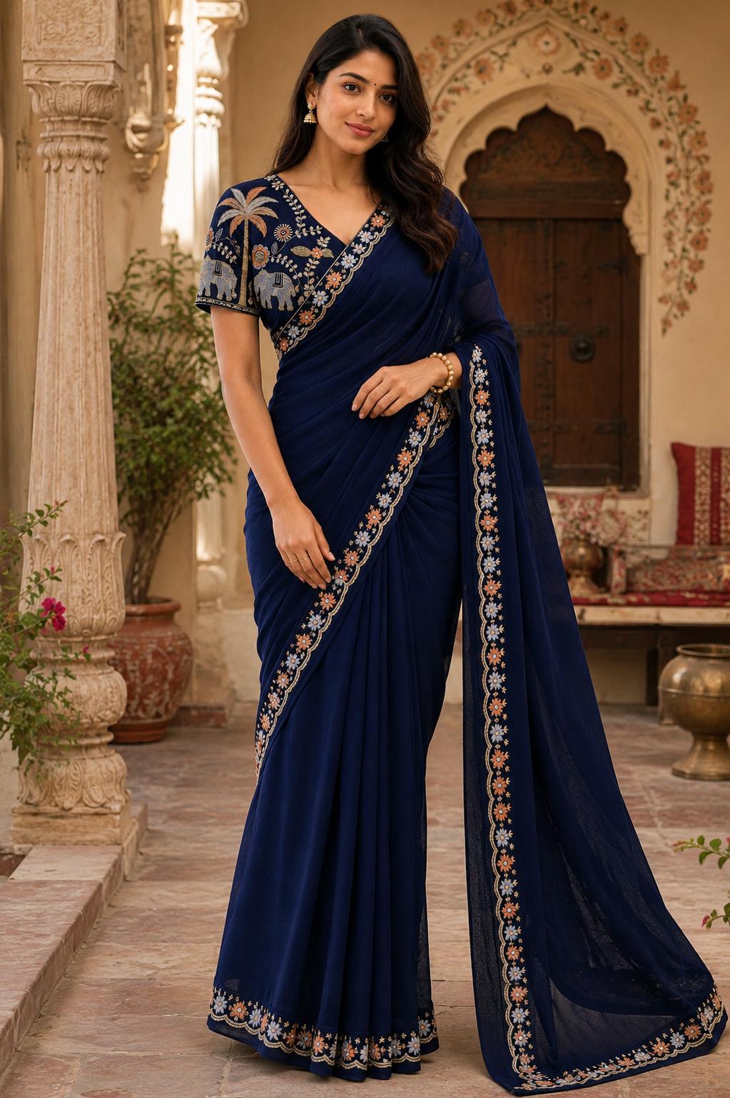 Sequins Embroidery Georgette Saree With Unstitched Blouse(blue) image 3