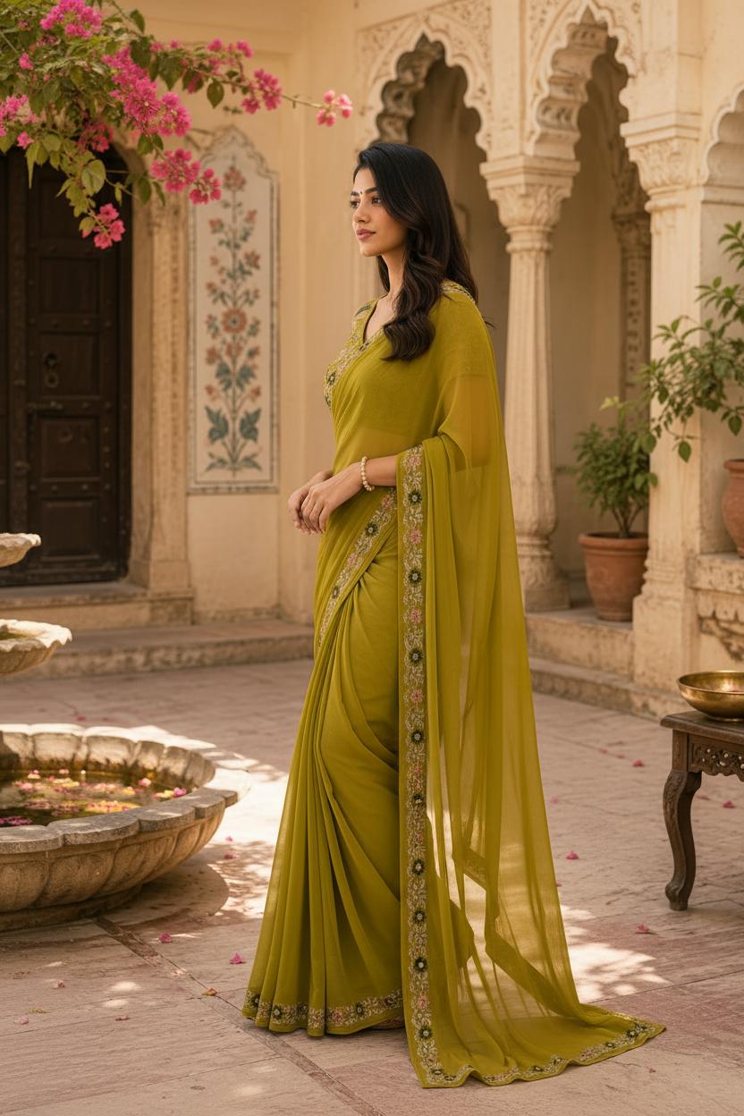 Sequins Embroidery Georgette Saree With Unstitched Blouse(mustard) image 3