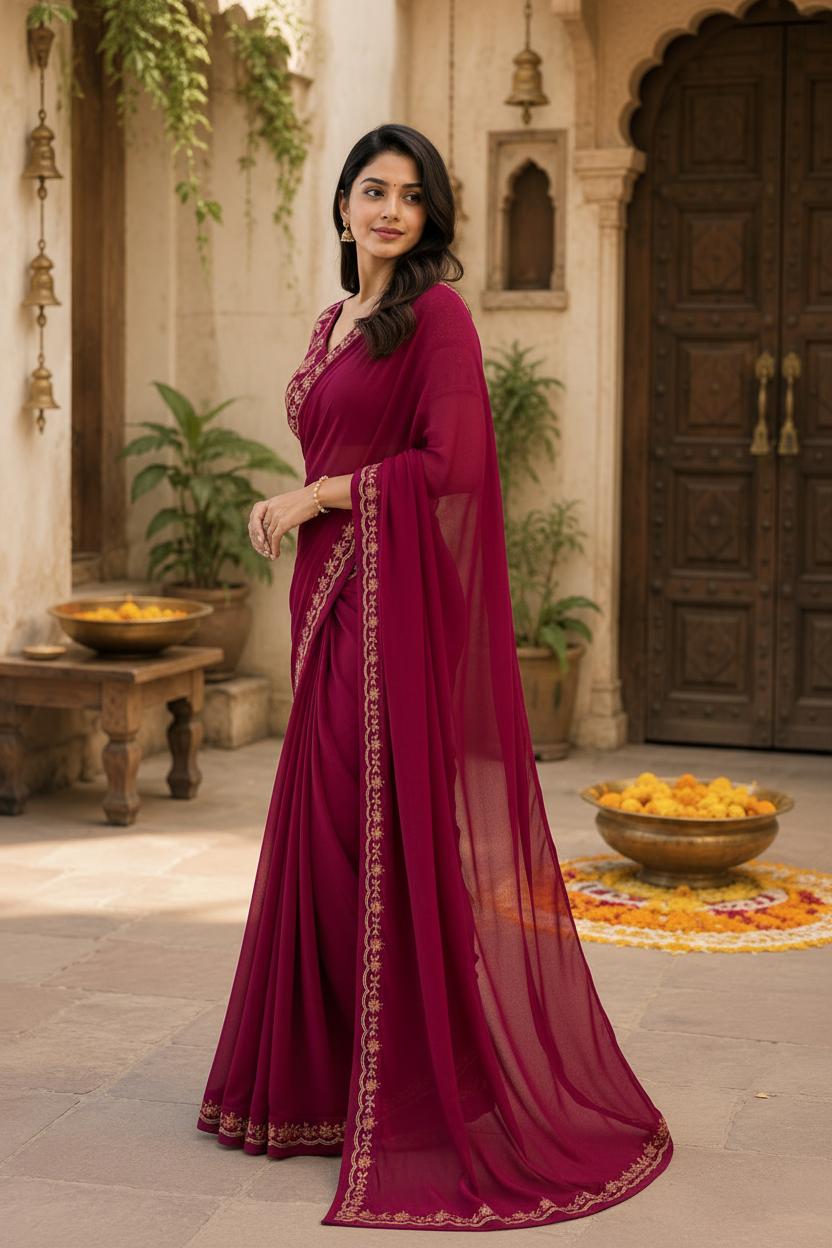 Sequins Embroidery Georgette Saree With Unstitched Blouse(rani) image 3