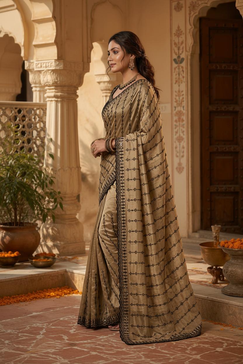 Rangoli Silk Embroidery Mirror Work Saree With Unstitched Blouse(golden) image 3