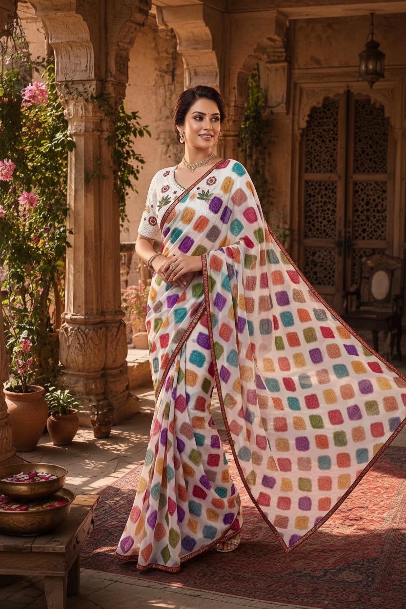 Cotton Floral Bandhani Printed Saree With Unstitched Blouse(multicolor) image 3