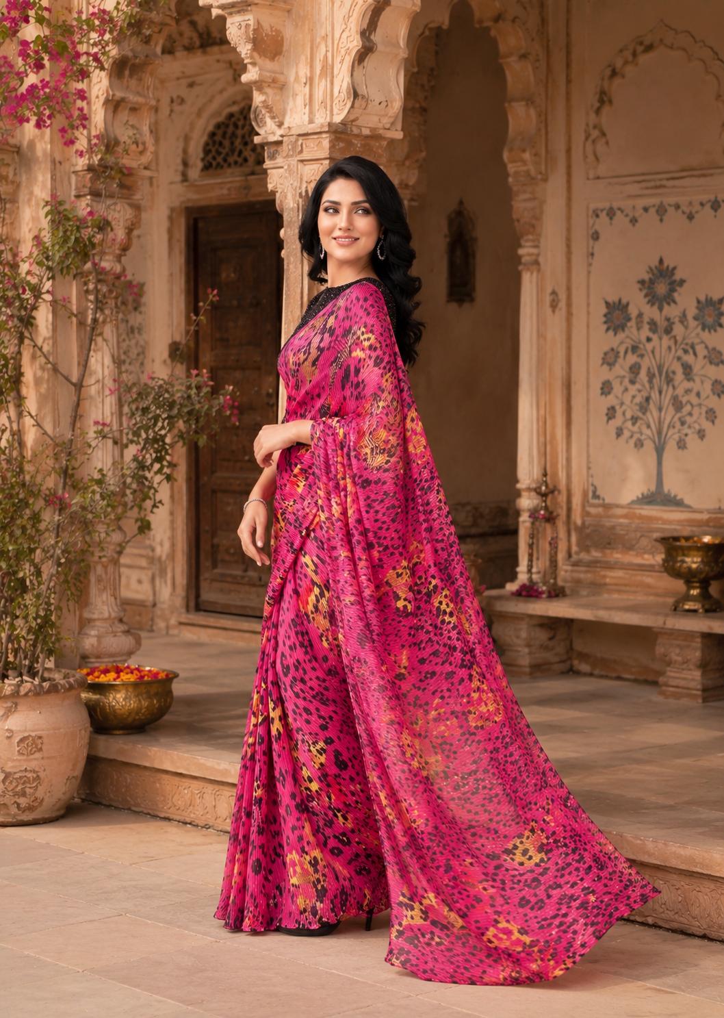 Satin Silk Floral Printed Saree With Unstitched Blouse(pink) image 3