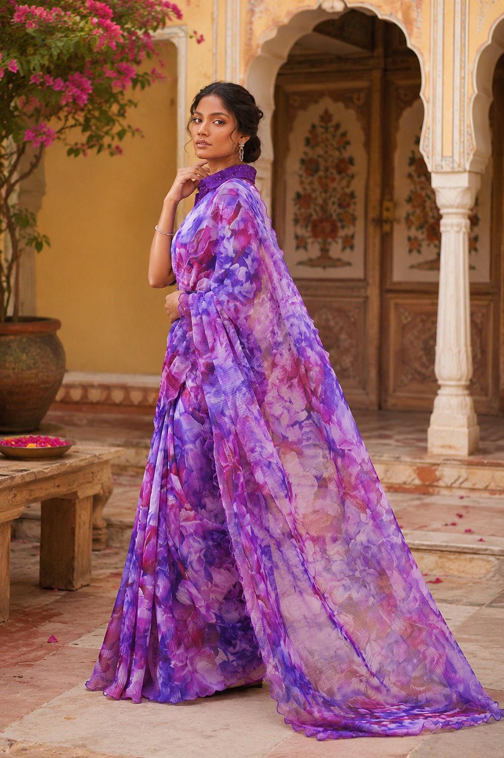 Satin Silk Floral Printed Saree With Unstitched Blouse(lavender) image 3