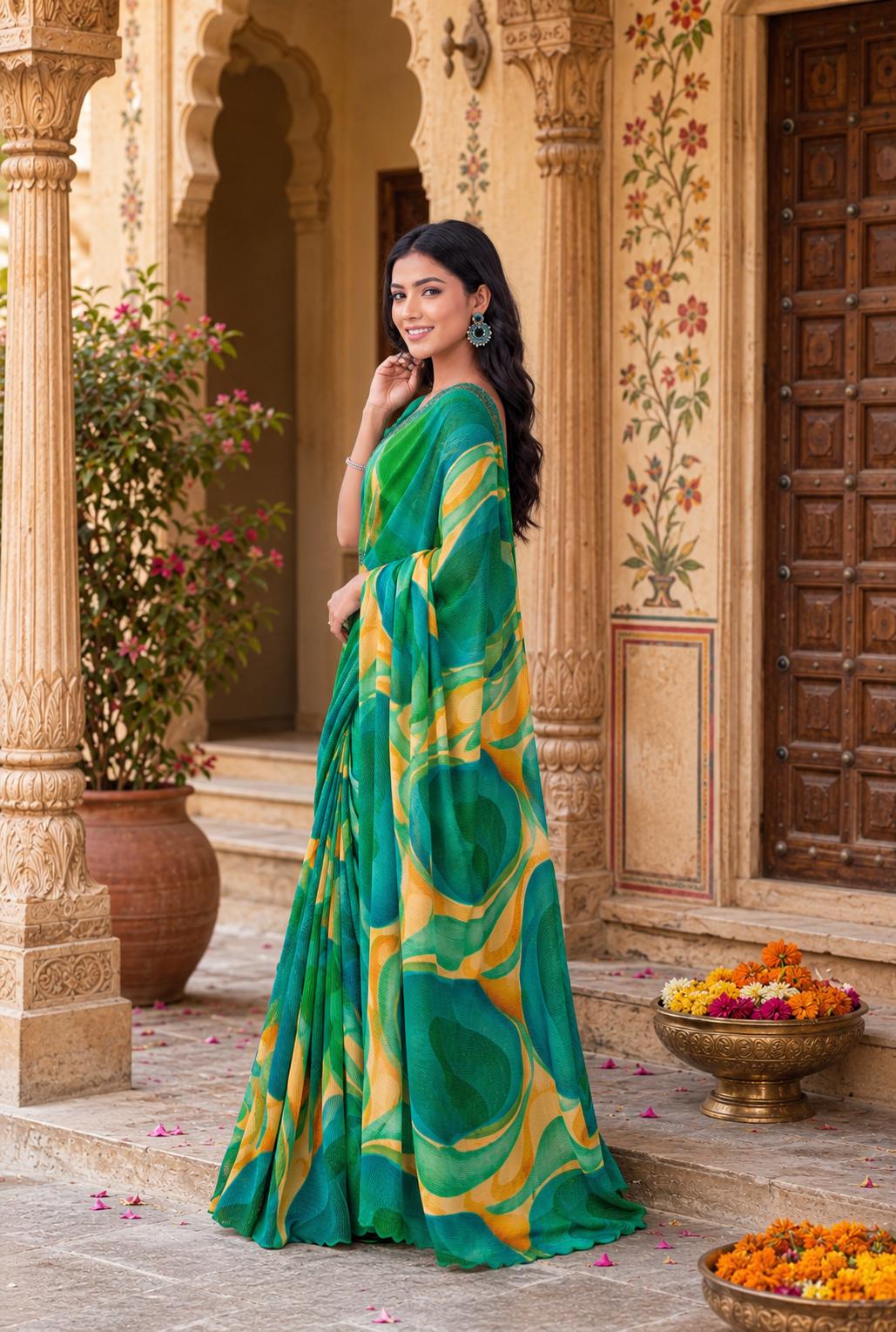 Satin Silk Floral Printed Saree With Unstitched Blouse(green) image 3