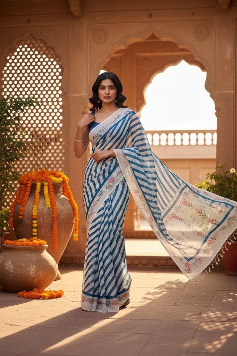 Linen Printed Saree With Unstitched Blouse(blue) image 3