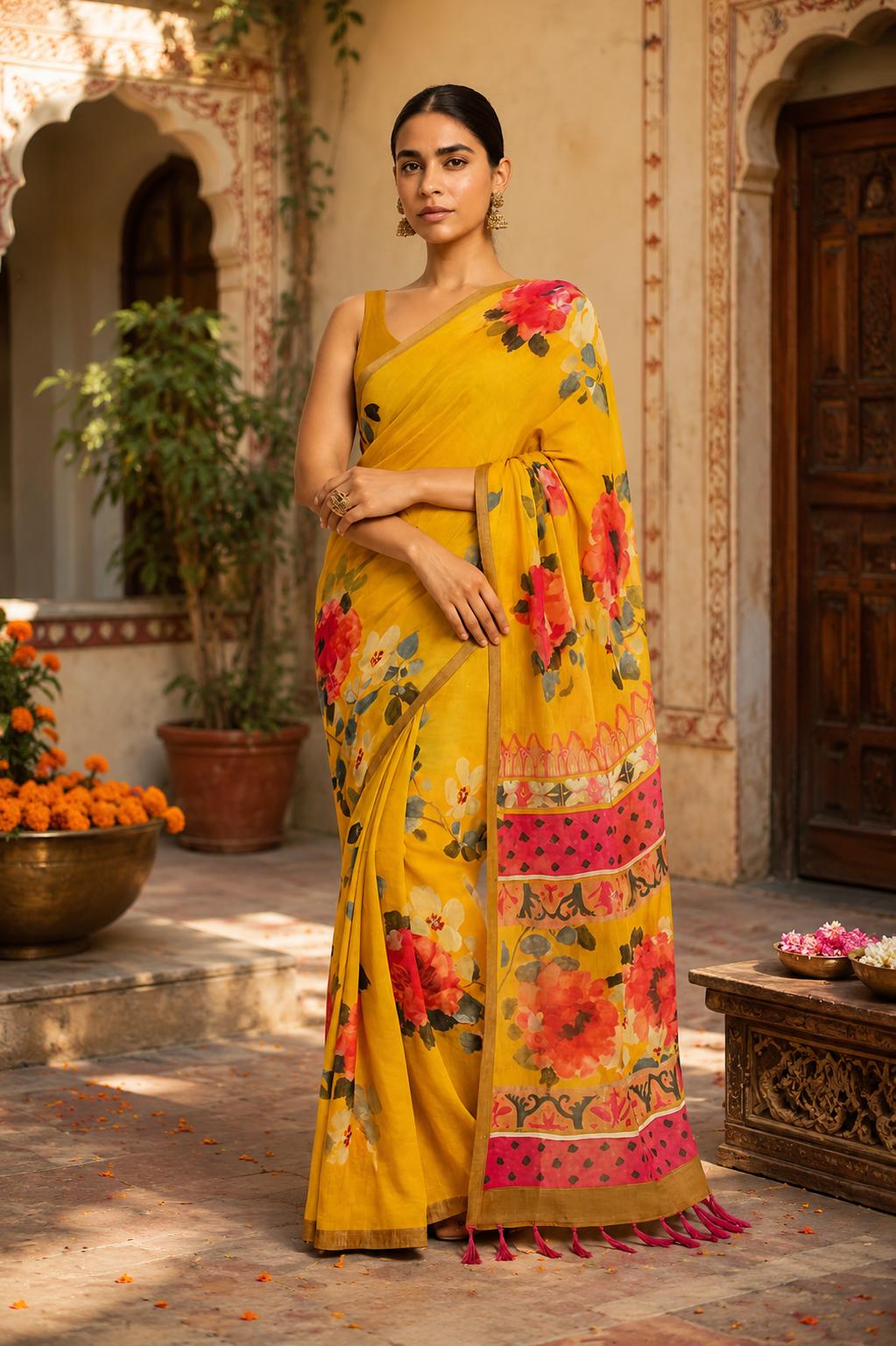 Linen Printed Saree With Unstitched Blouse(yellow) image 3