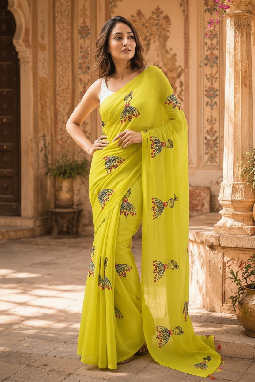 Chanderi Linen Printed Saree With Unstitched Blouse(green) image 3